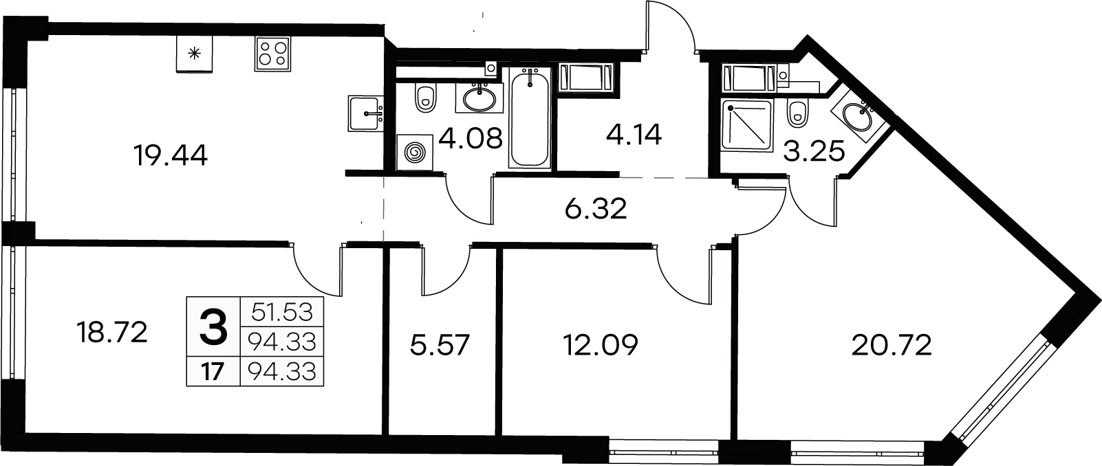 3-комнатная квартира 94.33 м², 7/19 эт., ЖК «GloraX Aura Vasileostrovsky»